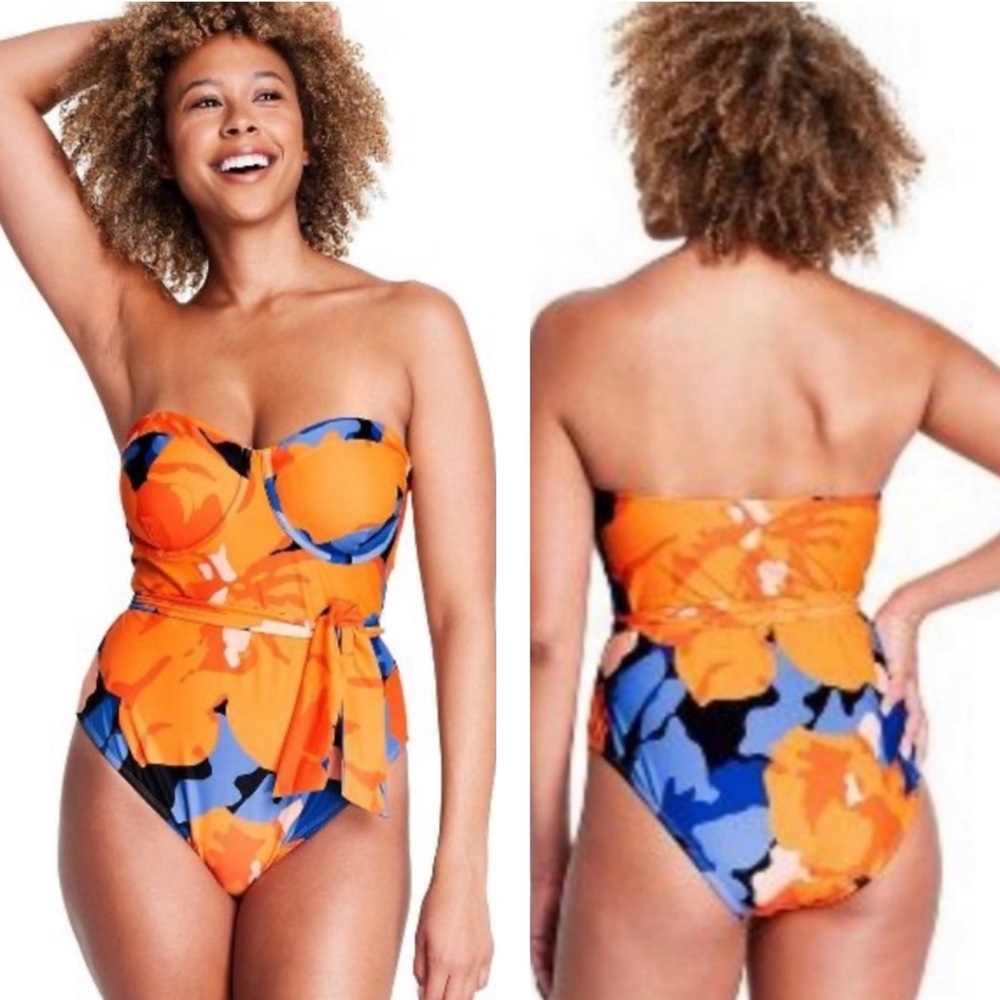New Tabitha Brown Target Blue Orange Print Underwire One Piece Swim Suit